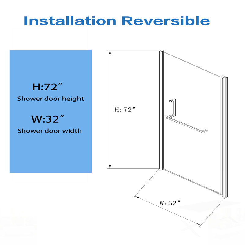 Porte de douche pivotante semi-sans cadre, verre trempé de 1/4 po, largeur réglable, installation réversible