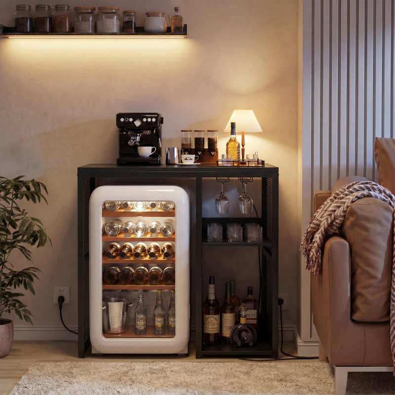 Industrial Coffee Bar Cabinet with Mini Fridge Space, Wine Storage & Built-in Power Outlet, Freestanding Liquor Cabinet for Dorm Living Room Kitchen‌