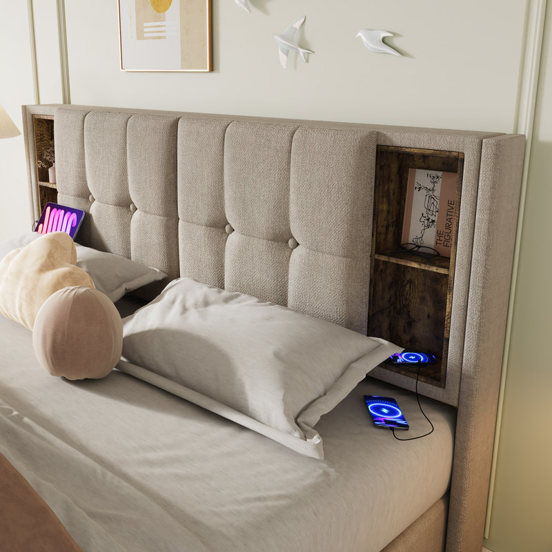 Upholstered Bed With Wireless Charging, Beige, 150 x 200cm