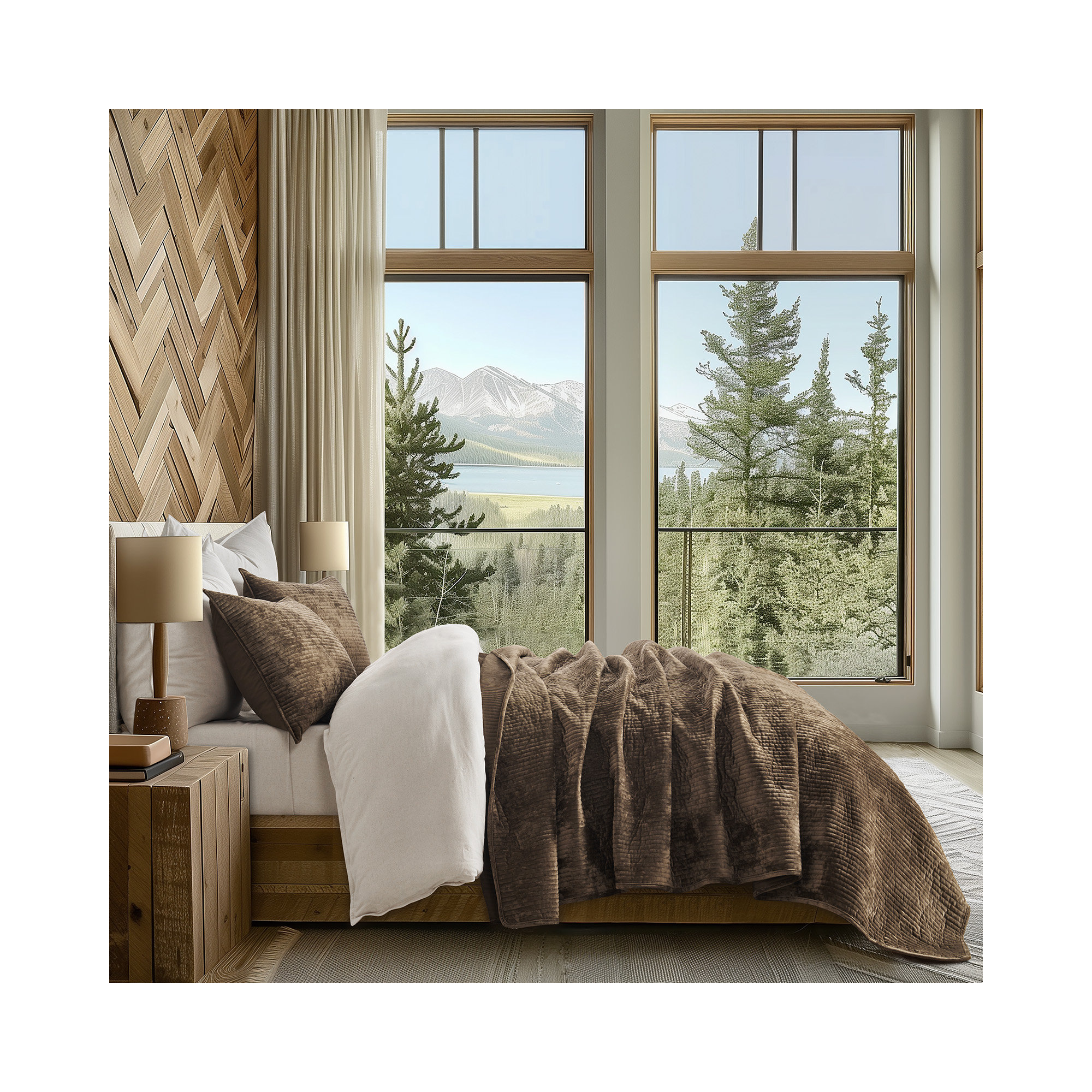 Striped Channel Velvet Quilt Set, Mushroom Brown, King