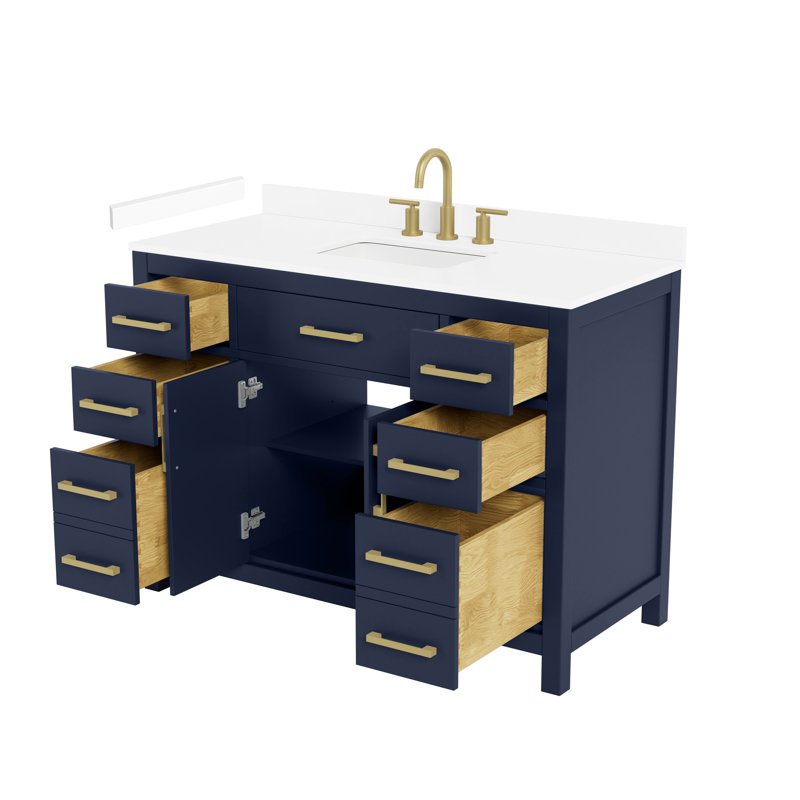 Meuble-lavabo simple 48 po Beckett en bleu foncé, comptoir en marbre de culture blanc, lavabo carré encastré (3 trous), garniture or brossé
