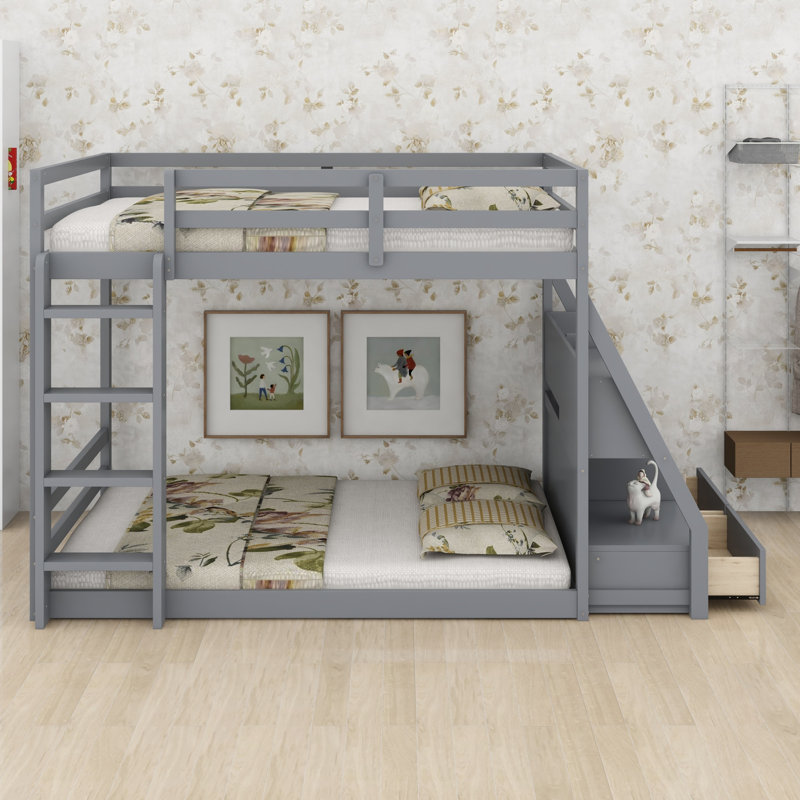 Bunk Bed with APP-Controlled 7-Color LED Lights, USB Ports, Shelves and 2  Drawers, Gray