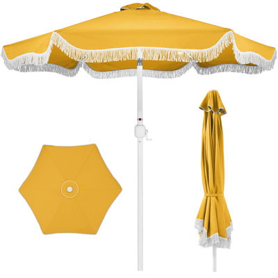  9Ft Fringe Market Umbrella - Boho Patio Sunshade W/ Tilt, UPF50+ - Marigold
