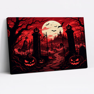 Art mural sur toile, "Haunted Graveyard" avec ciel rouge et citrouilles