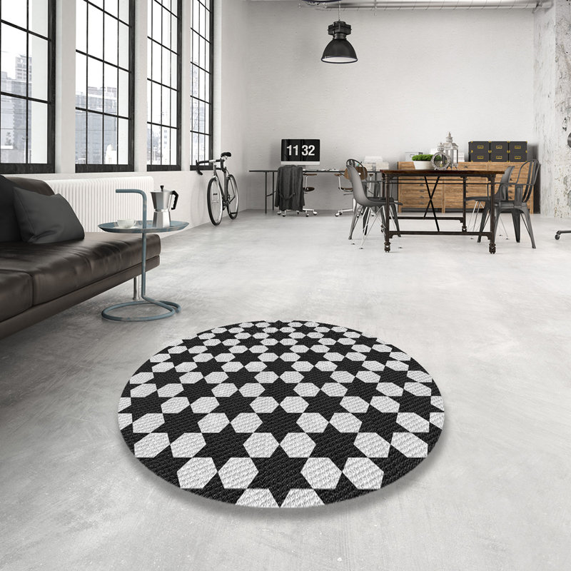 Tapis noir/gris tissé à la machine, Rond 6 pi