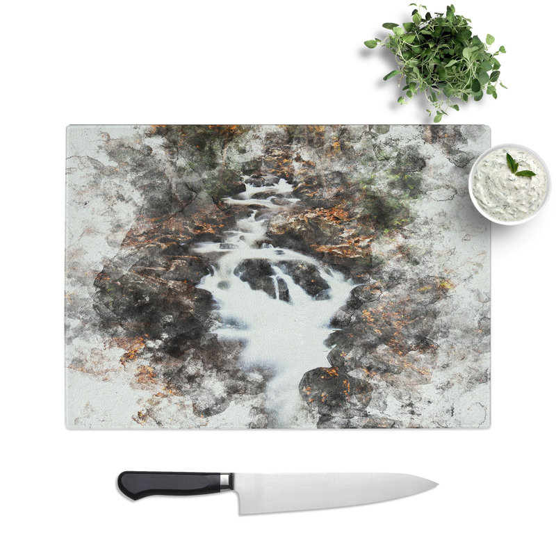 Tempered Glass Woodland Stream Watercolour Chopping Board, 20 cm x 28.5 cm