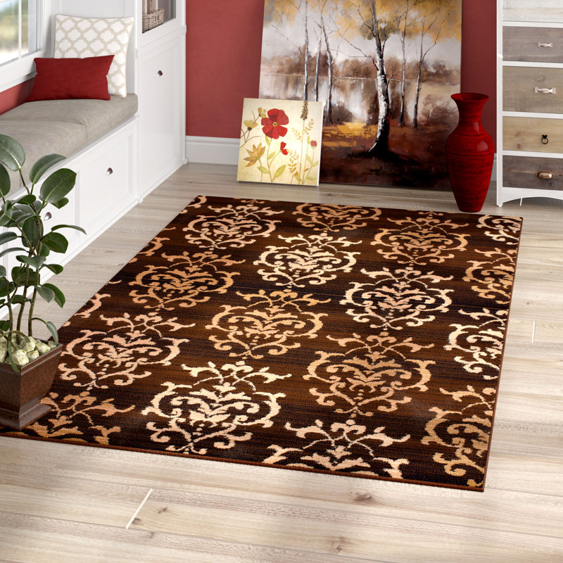 Tapis brun à damas Rosanna, 5 pi 3 po x 7 pi 2 po