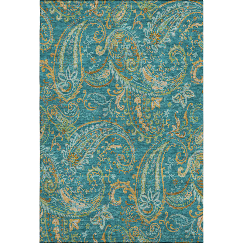 Premium Machine Washable Cerrito AMF533 Teal Rug, Rectangle 2'6" x 3'10"
