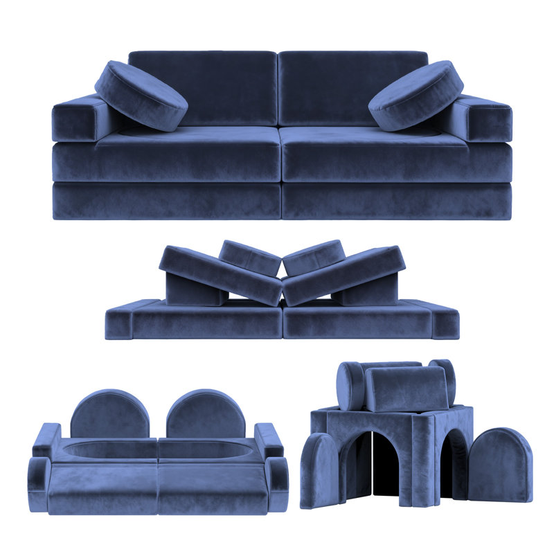 12pcs Modular Kids Couch, Floor Kids Sofa Couch, Playroom for Boys and Girls, Creative Convertible Foam Play Couch, Blue