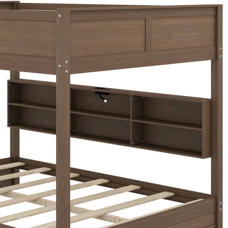 Lit superposé grand sur grand avec armoires et ports USB, Bois antique