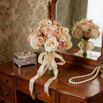 Bouquet de mariage champagne en polyester rose - bouquet de mariage artificiel de 12 po avec poignée de ruban pour la mariée et les demoiselles d'honneur