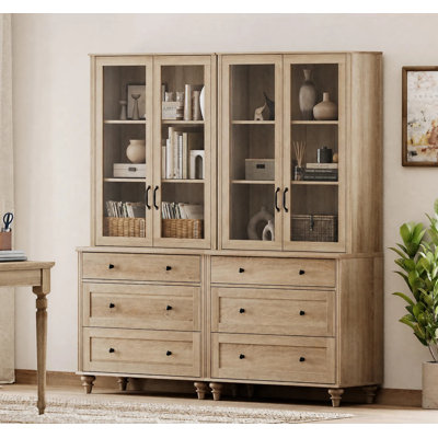 5-Tier Bookcase with Glass Doors, Bookshelf with 6 Drawers, Oak