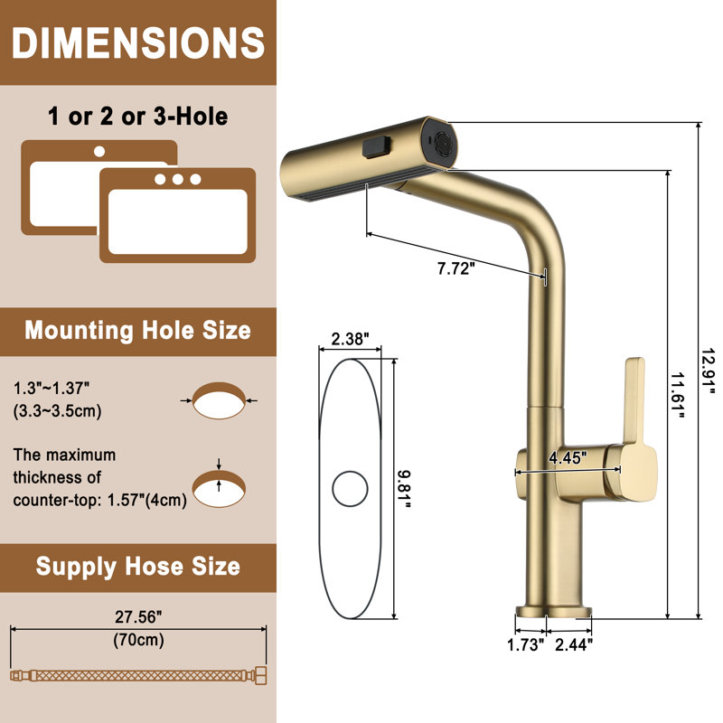 CASAINC Single Handle Pull Out Kitchen Faucet with Three-function Mode Sprayer, Brushed Gold
