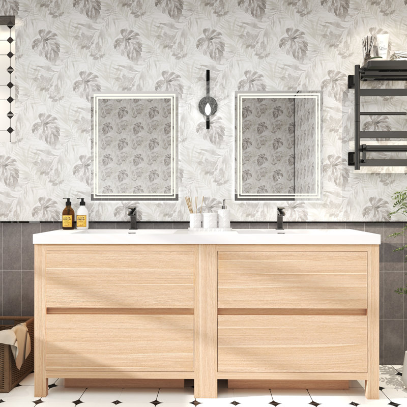 Meuble-lavabo double 70,9 po avec plateau en acrylique Beyerville, Chêne clair