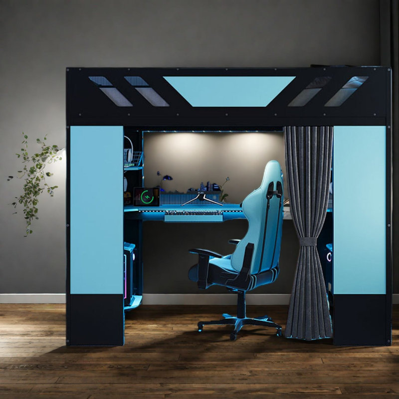 Lit mezzanine multifonctionnel en bois peu encombrant, style moderne avec rangement et lumières