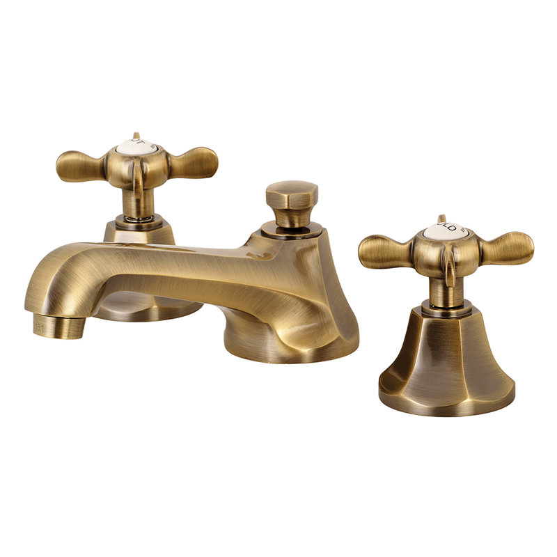 Kingston Brass Essex Two-Handle 3-Hole Deck Mount Widespread Bathroom Faucet with Brass Pop-Up Drain, Vintage Brass