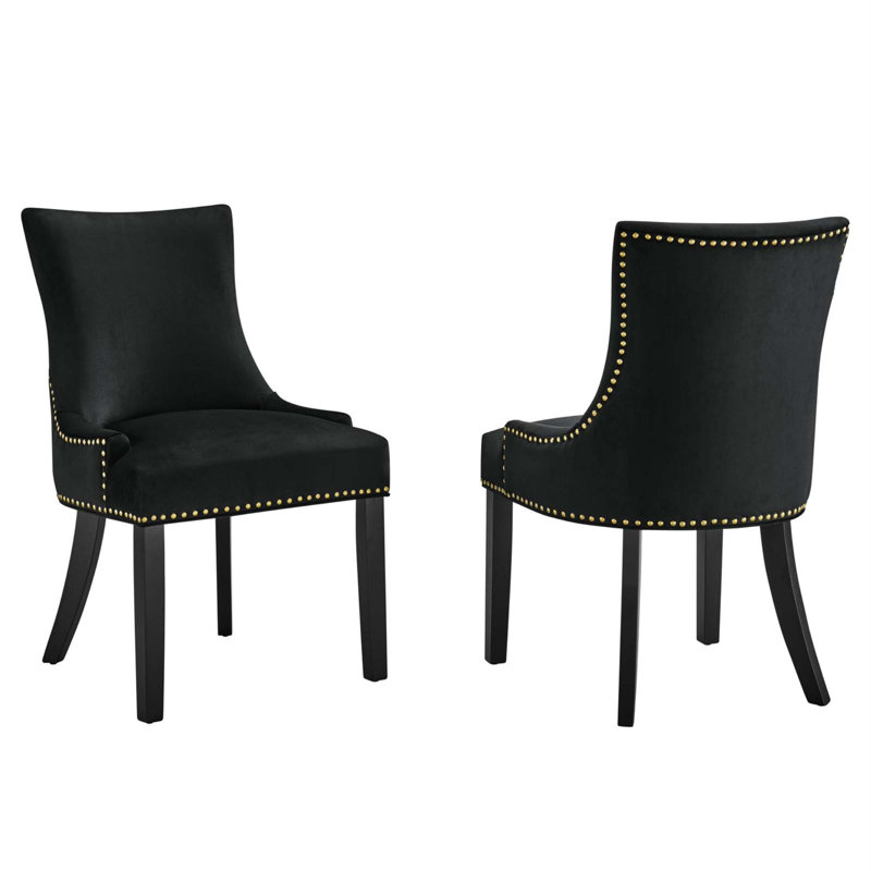 Marquis Hourglass Black Velvet Upholstered Side Chair with Wood Legs