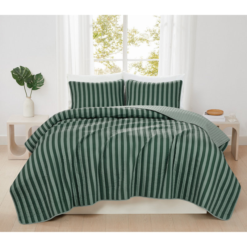 Ensemble de courtepointe très doux Weston, Courtepointe pour grand lit + 2 taies décoratives, Rayures vertes
