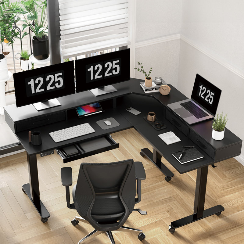 Shah 63" W L Shaped Standing Desk with Drawers and Wheels, Dual Motor Adjustable Desk for Home Office, Black
