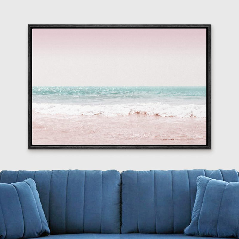 Plage côtière, rose, bleu sarcelle, vagues de l'océan, nature, paysage, illustrations, moderne, rustique, Cadre flottant noir