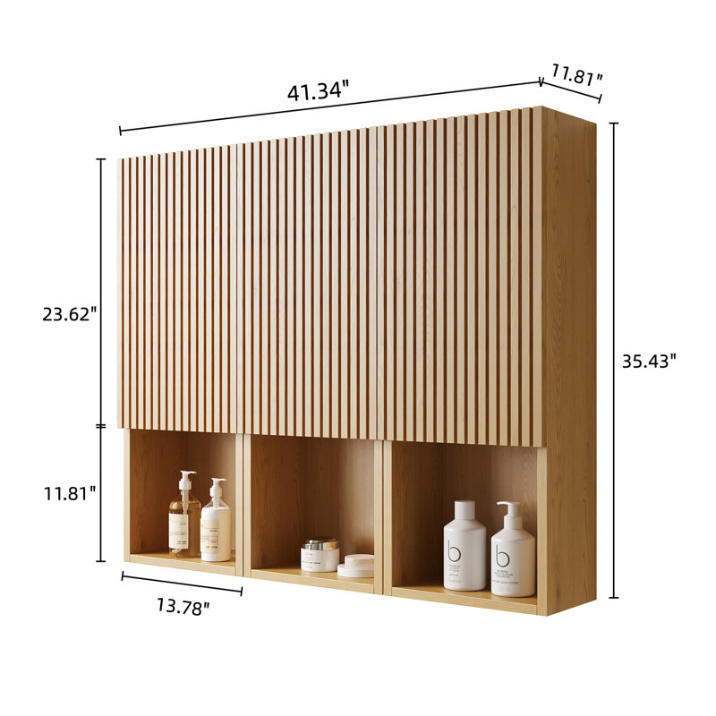Armoire de salle de bain de 41 po - 3 armoires avec portes en contreplaqué à texture de bois de chêne et sections ouvertes semi-françaises à rainure 3D
