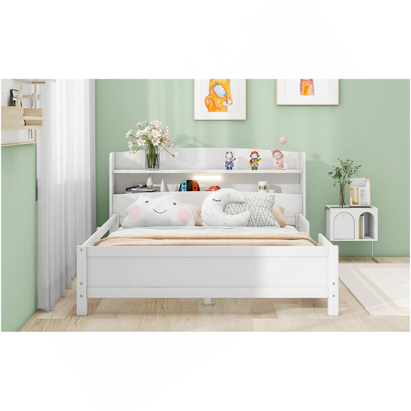 Lit plateforme double en bois avec éclairage à DEL intégré, tête de lit avec rangement et garde-corps, blanc, Blanc