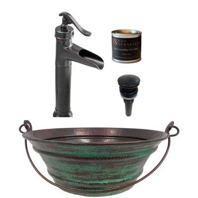 Lavabo vasque rond en cuivre 15 po avec patine verte patinée, ensemble de robinet et cire inclus