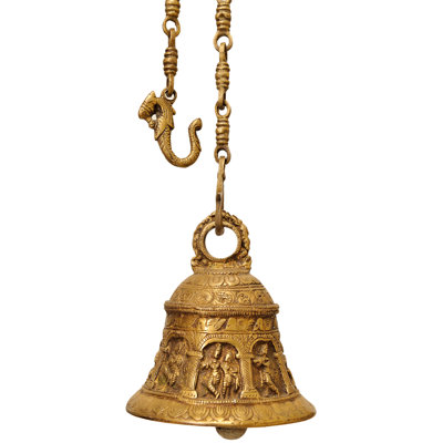 Cloche suspendue du temple Krishna de 6,5 pouces avec chaîne de 21 pouces - Décoration murale en laiton fabriquée à la main avec motifs de cygnes