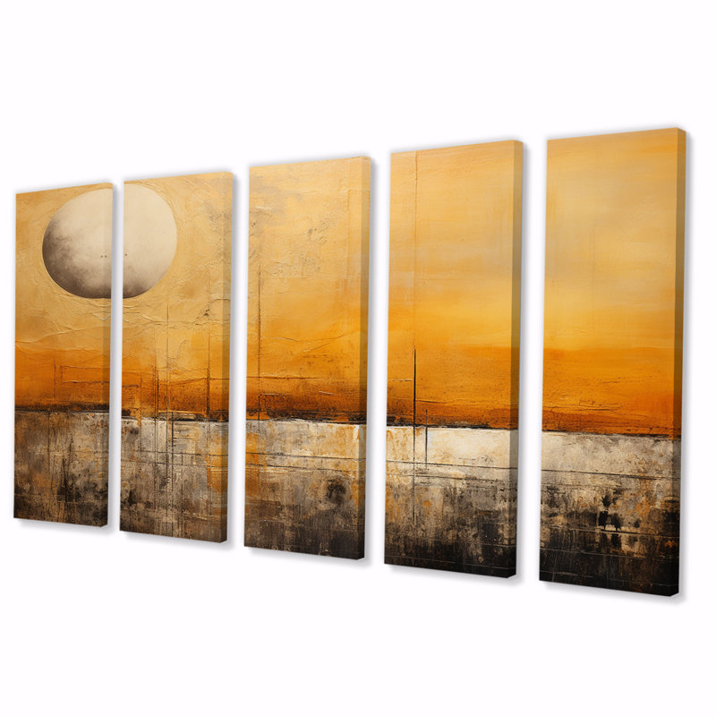 Coucher de soleil doré, campagne, paysage II - prairie, reproduction d'art sur toile - 5 panneaux égaux
