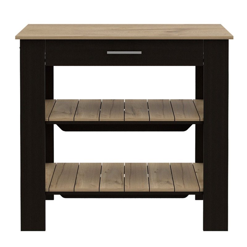 Kitchen Island 37" H, Two Open Storage Shelves, One Drawer, Four Legs,Towel Hanger, Black / Light Oak