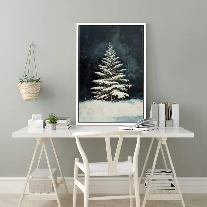 Moody, vert foncé, sapin de Noël, paysage d'hiver, décor de vacances, impression sur toile encadrée, Blanc, H 24 po x l 16 po