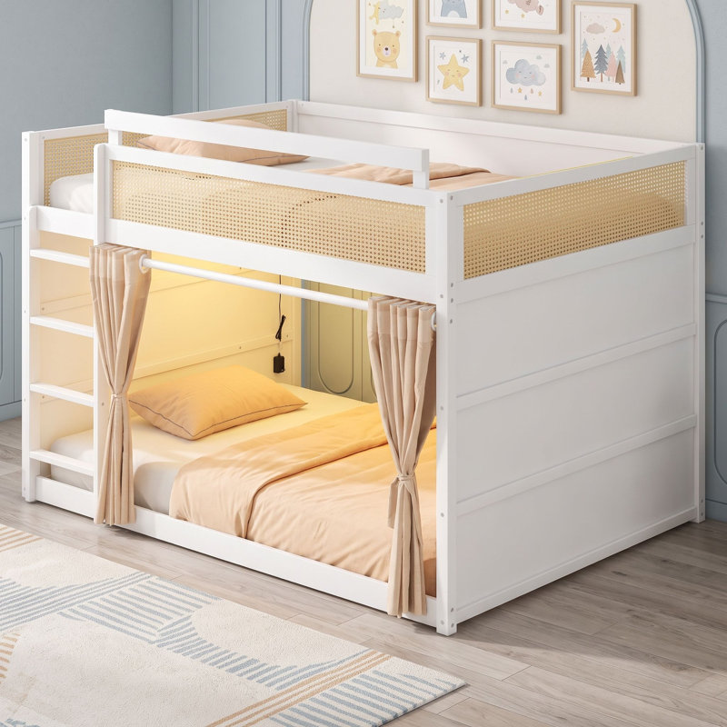 Lit superposé en bois avec bande lumineuse, étagères et rideaux, Double sur double, Blanc
