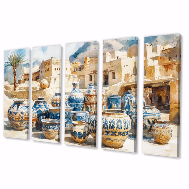 Ensemble de décorations murales poterie brun et bleu, désert africain, H 28 po x l 60 po