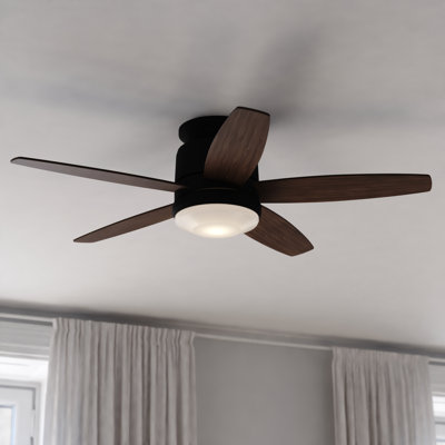 Gurmaan 44 in. Black Indoor Low Profile Flush Mount Transitional Ceiling Fan with Reversible Black-Brown Hickory Blades, Dimmable Integrated LED Light Kit and Remote Control, 3 Speeds, White Glass Shade