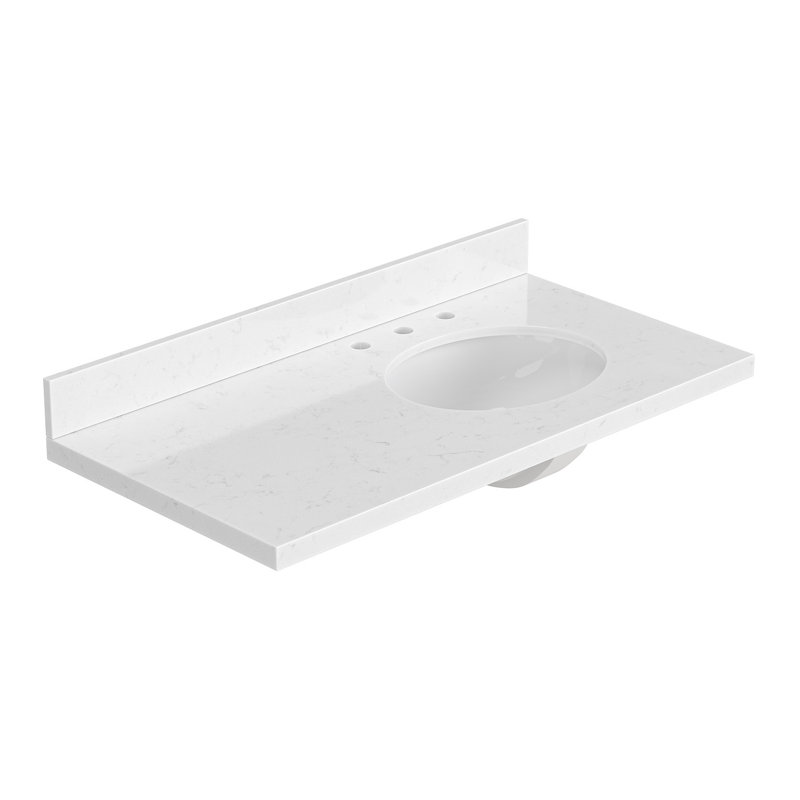 Comptoir de meuble-lavabo en quartz blanc Carrara de 42 po Ariel avec rebord à onglet de 1,5 po d'épaisseur avec lavabo simple ovale décalé à droite et dosseret inclus