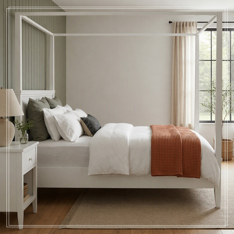 Cadre Darshan avec tête de lit et plateforme en bois à baldaquin King Size, Blanc