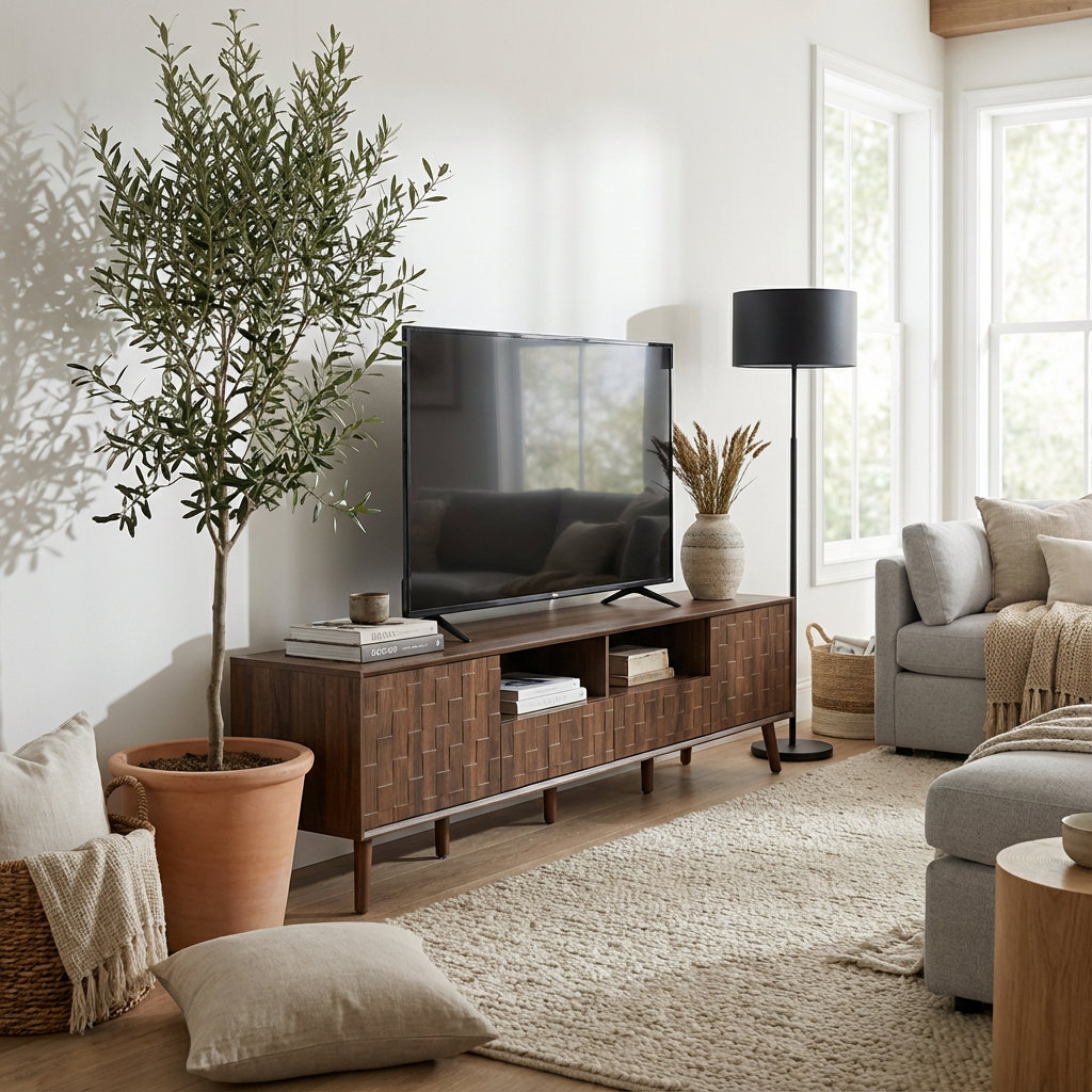 Wide wooden media console proportioned beneath a large television