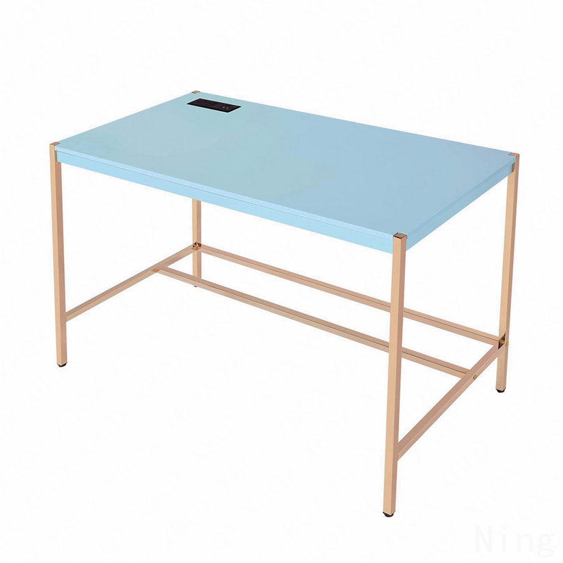 Bureau d'écriture rectangulaire, bleu bébé et or avec port USB, Bleu pastel