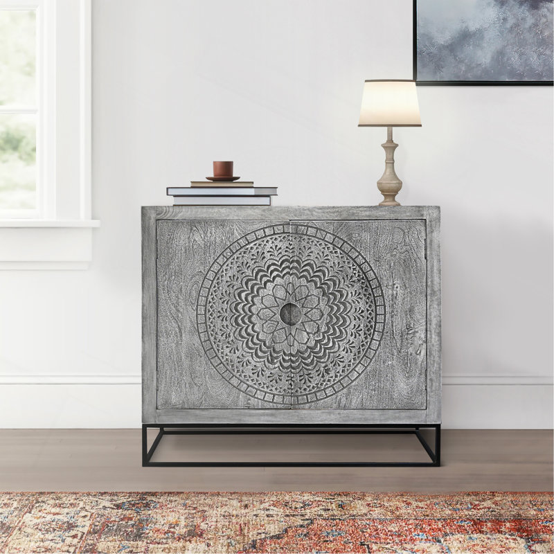 Zera 39 Inch Handcrafted Accent Cabinet With 2 Doors, Medallion Engraved, Sandblasted Gray Mango Wood, Black Iron Framed Stand