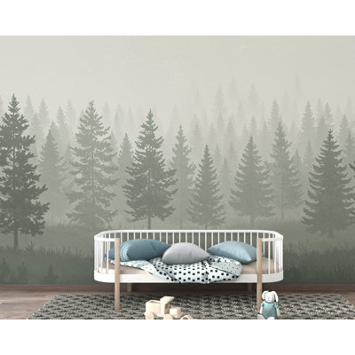 Dreamy Forest Wallpaper Mural – Watercolor Evergreen Trees, Forest wallpaper, Pine Tree Wall Art for Nursery Room 239DRE