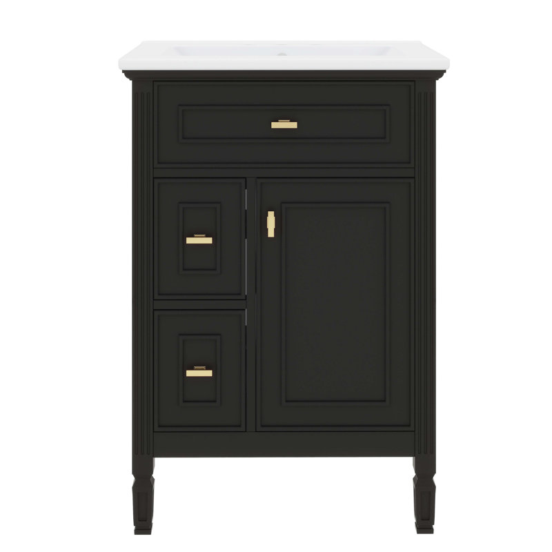 Meuble-lavabo 24 po avec lavabo, meuble-lavabo avec un tiroir rabattable et deux tiroirs, tablette réglable, bois massif et panneau de fibres à densité moyenne