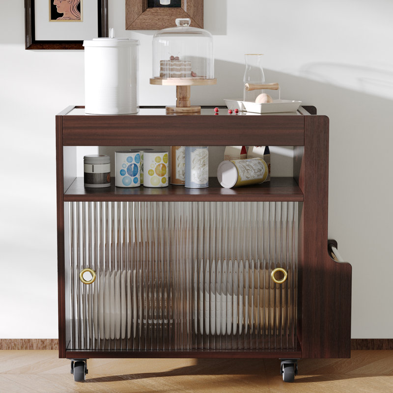 Mobile With Wheels, Wooden With Open Shelf, With Glass Top & Sliding Glass Doors For Living Room Bedroom, Walnut Side Table with Storage