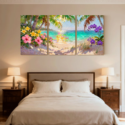 beach Tropical Beach With Colorful Flowers And Palm Trees Set of 3 Canvas Wall Art Prints