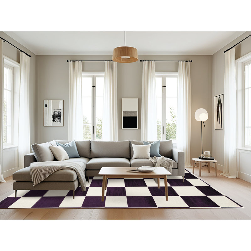 Machine Washable Checkered Beige Area Rug, Rectangle 6' x 9'