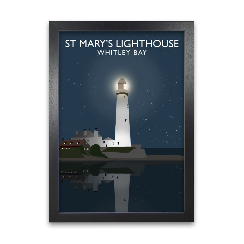 St Mary's Lighthouse Whitley Bay At Night by Richard O'Neill - Print, 84.1cm H x 59.4cm W x 3cm D, Black Framed