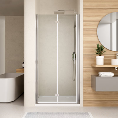 34-35.4" W x 72" H Frameless Bifold Shower Door, 1/4" (6mm) Clear SGCC Tempered Glass Shower Door, Pivot Swing Shower Glass Door in Chrome Finish, Reversible Installation