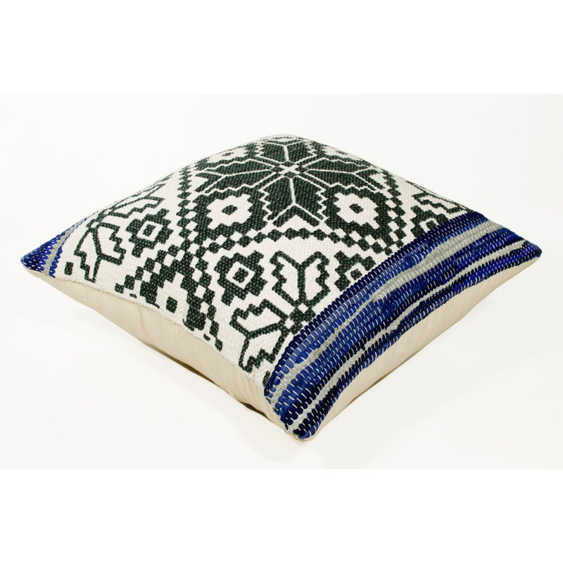 Hand Woven Southwestern Cotton Blend Throw Pillow Cover, Polyester/Polyfill, Blue Navy Gray/White Geometric