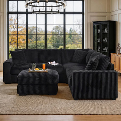 98" L-shaped Corduroy Modular Sectional Sofa with Ottoman