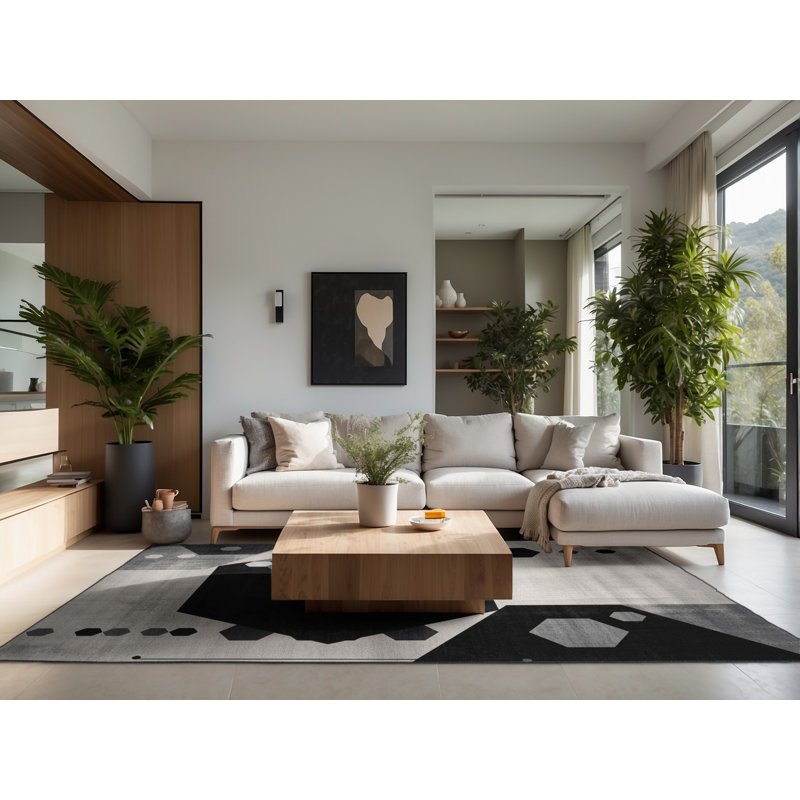 Soft Plush Ebbert Modern & Contemporary Geometric Shapes Area Rug in Gray – Black Binding, 6x9