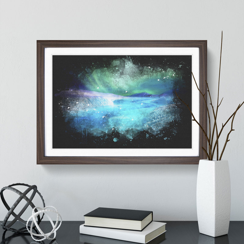 Aurora Borealis At Night - Single Picture Frame Print on MDF, 24cm H x 33cm W x 2cm D, Walnut Framed